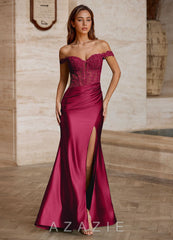 Linange Burgundy Embroidered Appliqué Satin Prom Dress