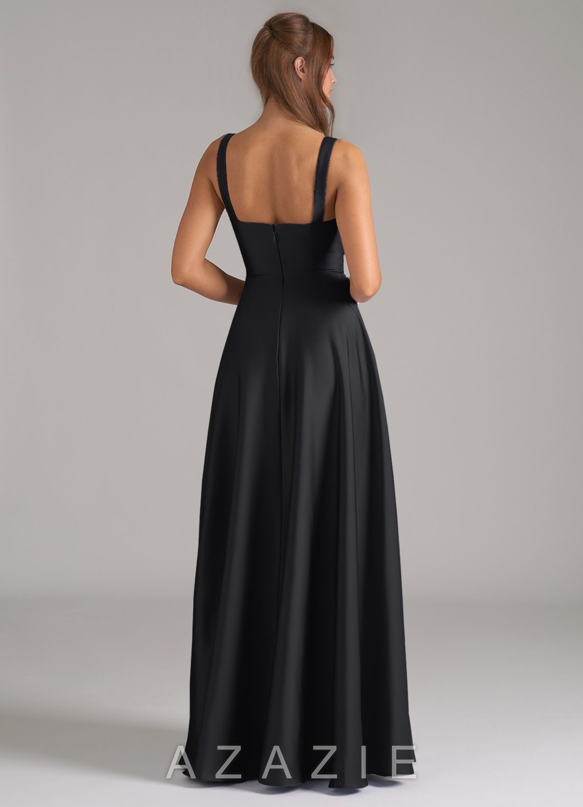 Azazie Shaude Black A-Line Pleated Stretch Satin Dress black