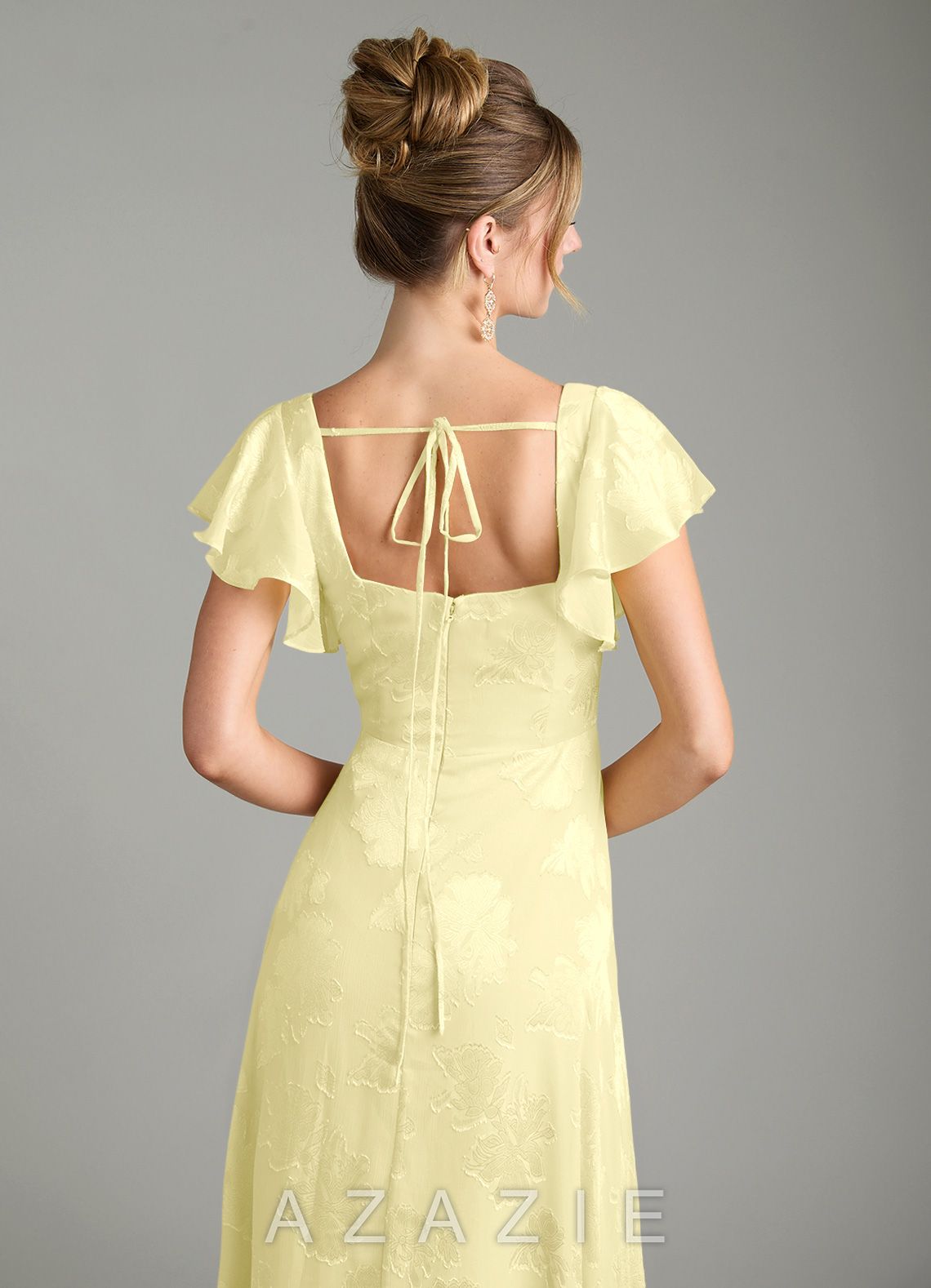 Azazie Bondi Lemon Sorbet A-Line Ruched Floral Jacquard Burnout Dress lemon_sorbet