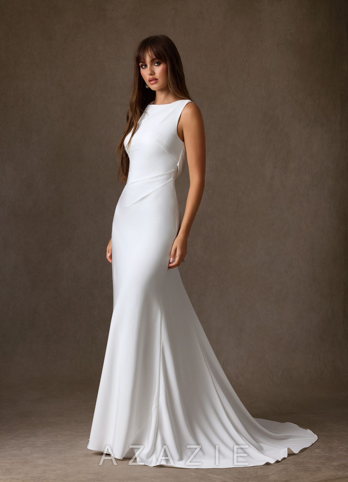 Azazie Minna Diamond White A-Line Boatneck Crepe Back Satin Dress diamond_white