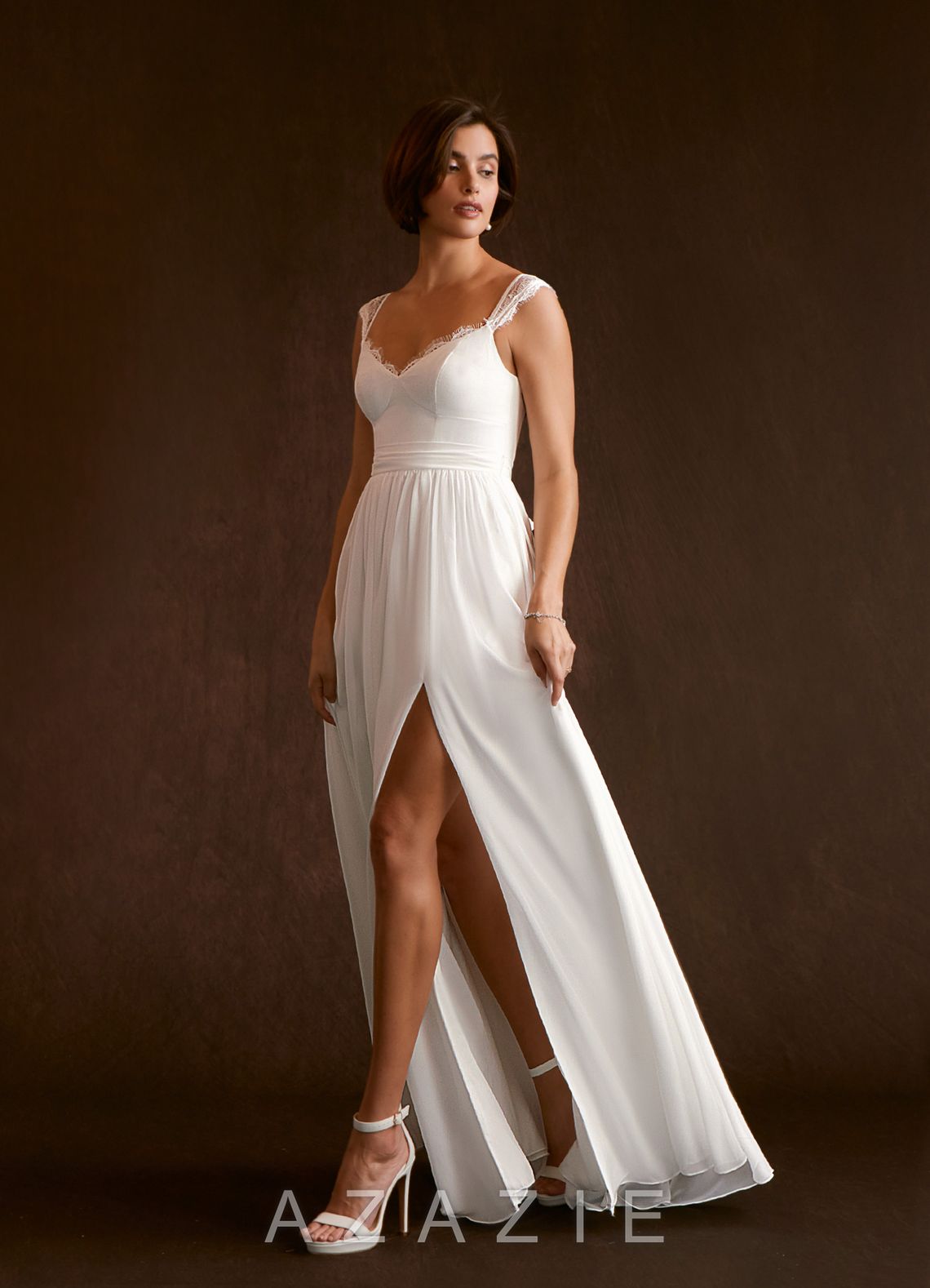 Azazie Aubriella Wedding Dress Diamond White A-Line Lace Chiffon Dress diamond_white