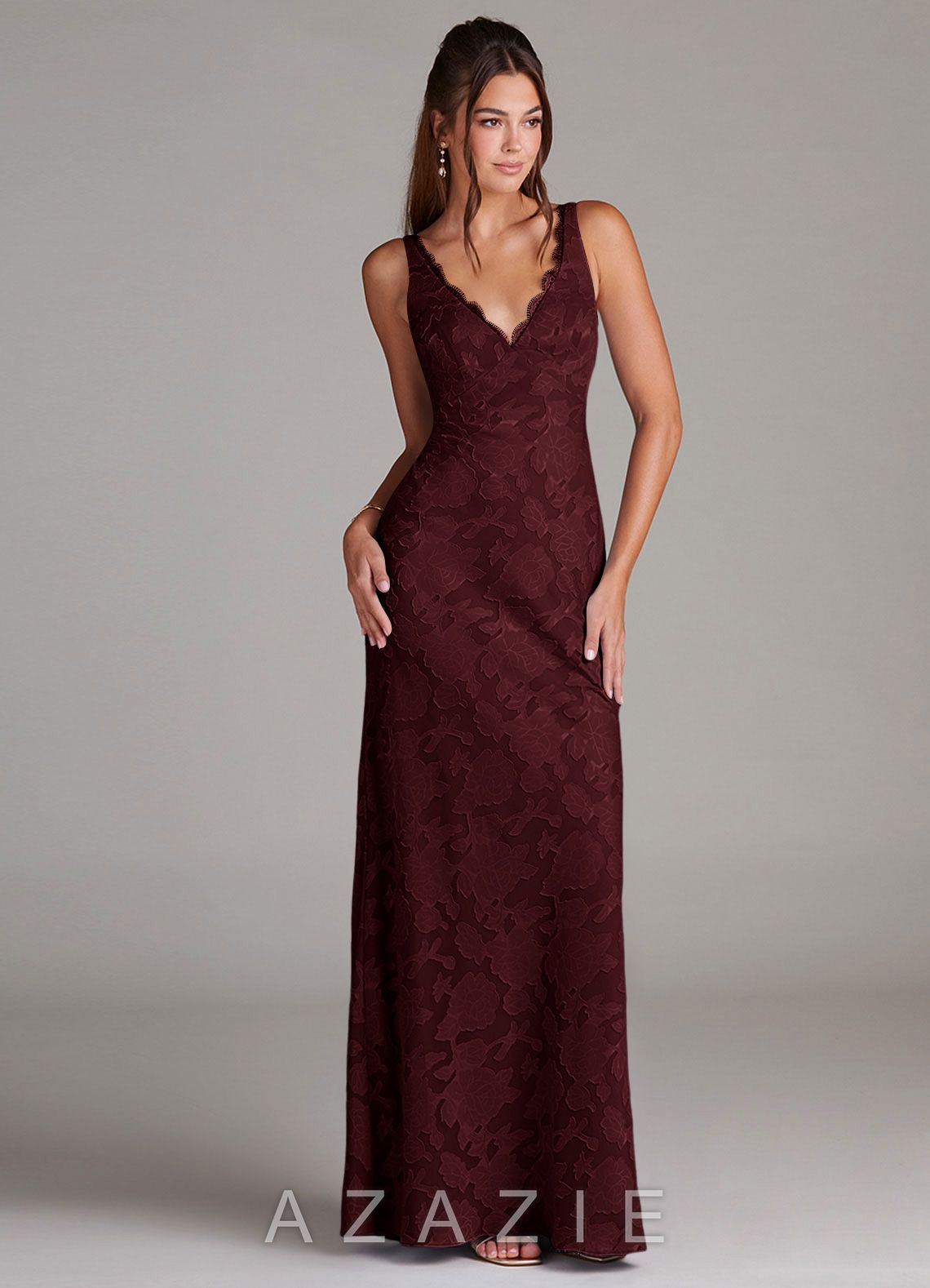 Azazie Tianna Cabernet Sheath Lace Floral Burnout Dress cabernet