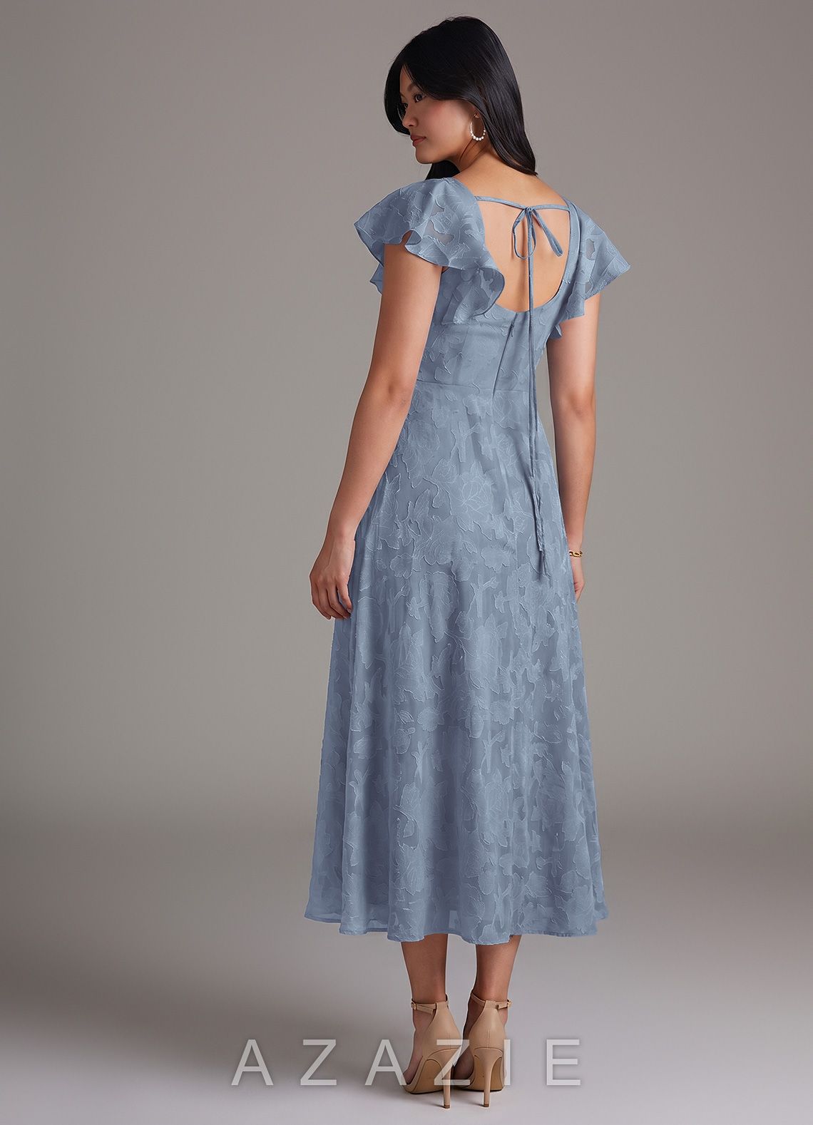 Azazie Bondi Dusty Blue A-Line Ruched Floral Burnout Dress dusty_blue