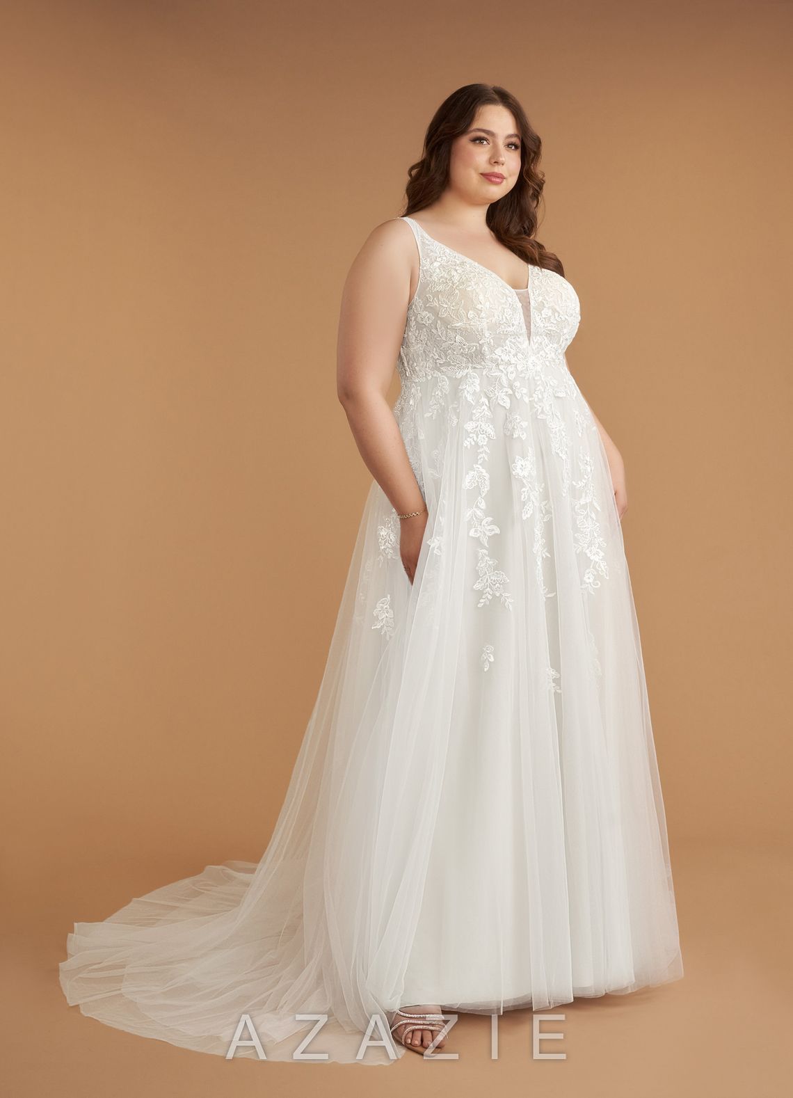 Azazie Sorella Wedding Dress Diamond White A-Line V-Neck Sequins Tulle Dress