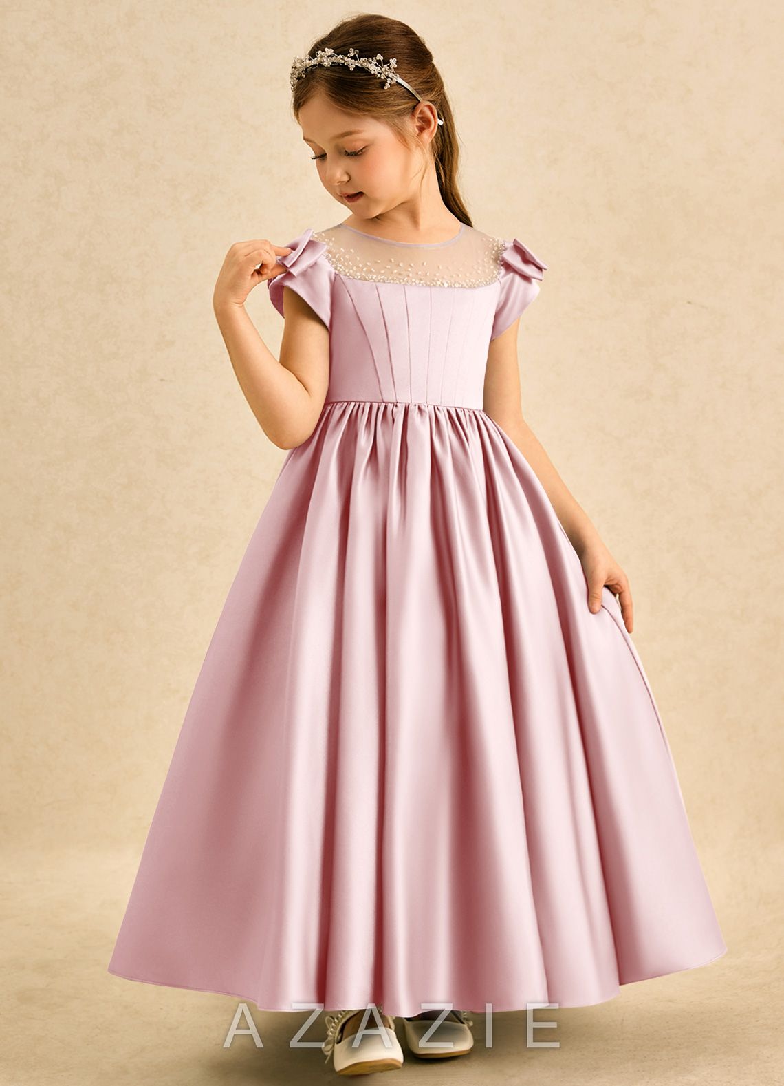Azazie Toffee Powder Pink Ball-Gown Bow Matte Satin Dress powder_pink