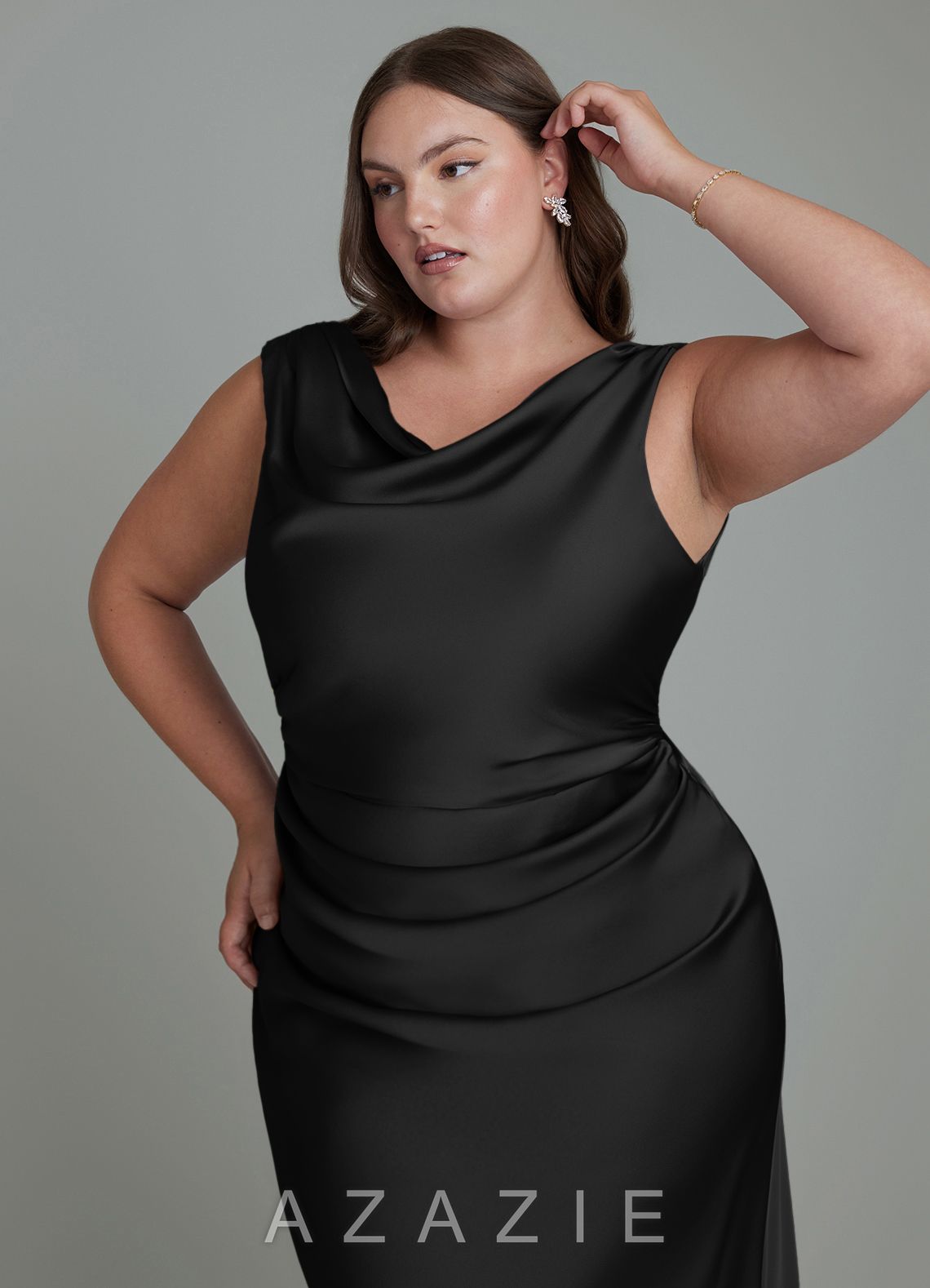 Azazie Kieryn Black Mermaid Pleated Stretch Satin Dress black