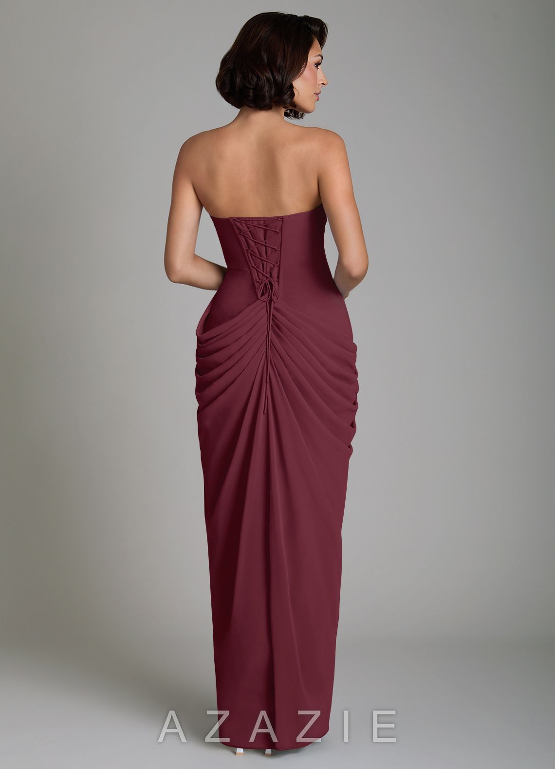 Azazie Nyra Cabernet Sheath Corset Chiffon Dress cabernet