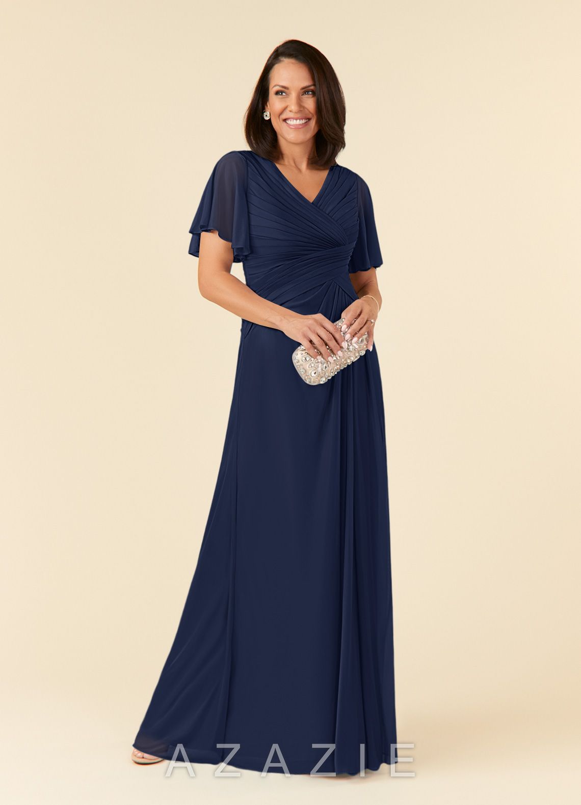 Azazie Emmeline Dark Navy A-Line V-Neck Pleated Mesh Dress