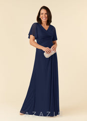 Azazie Emmeline Dark Navy A-Line V-Neck Pleated Mesh Dress