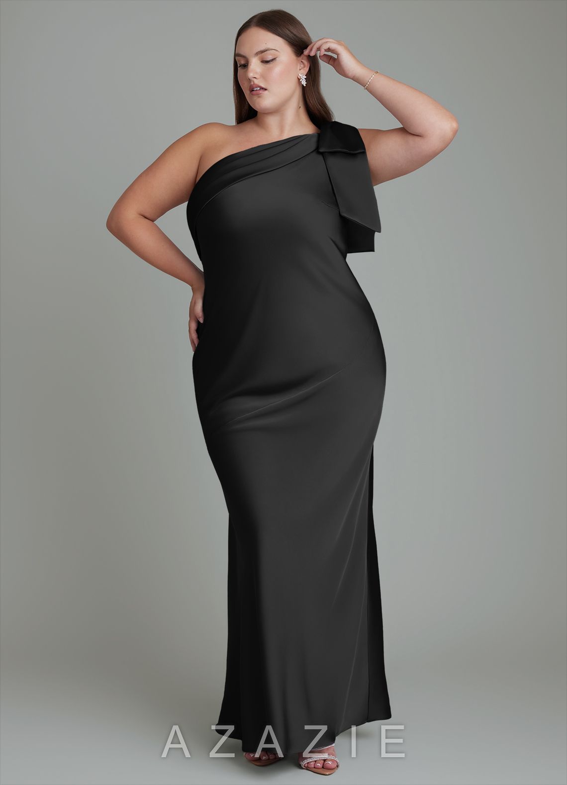 Azazie Yuanna Black Mermaid One Shoulder Stretch Satin Dress black