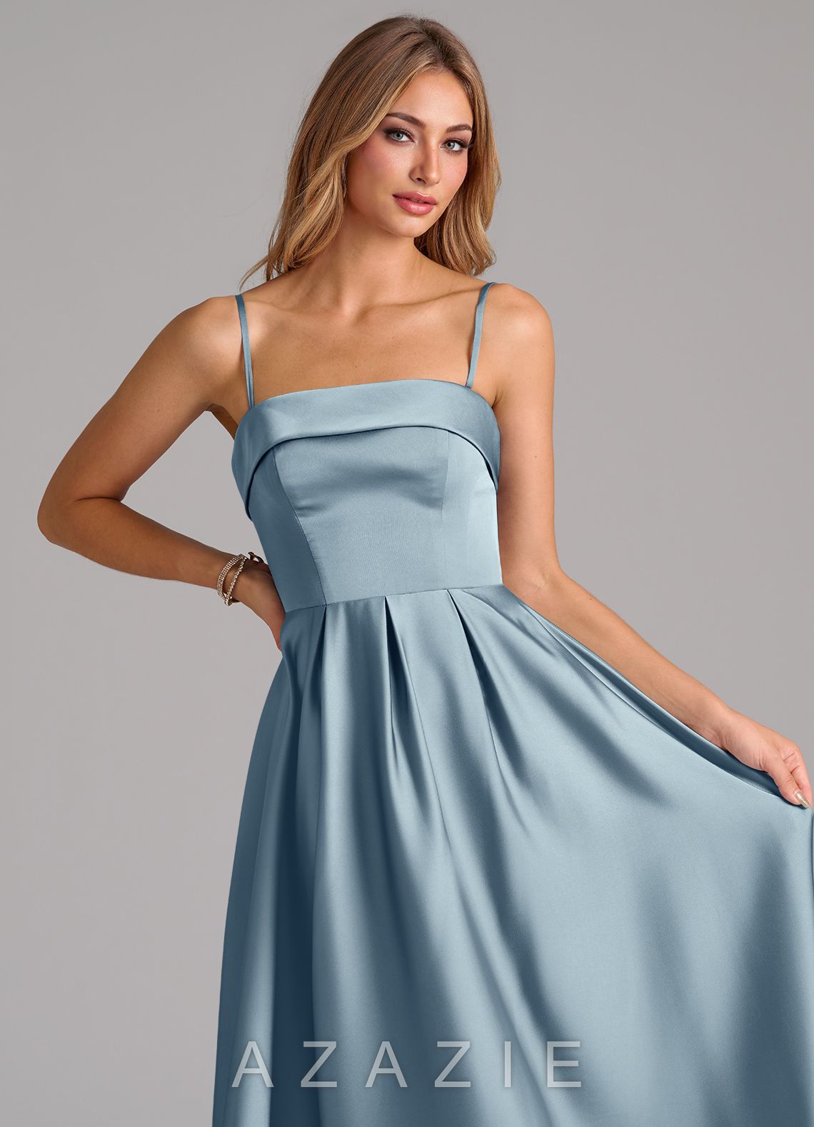 Azazie Lucienne Dusty Blue A-Line Pleated Stretch Satin Dress dusty_blue