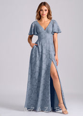 Azazie Kimber Dusty Blue A-Line with Pockets Floral Burnout Dress