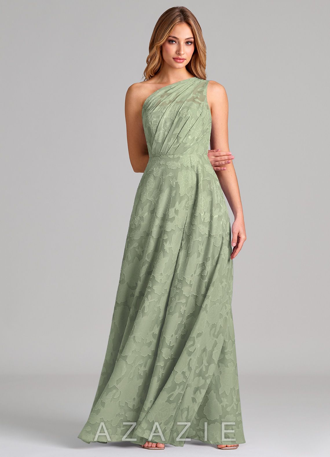 Azazie Phaedra Agave A-Line One Shoulder Floral Burnout Dress agave