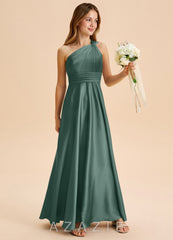 Azazie Charlize Junior Eucalyptus A-Line Pleated Stretch Satin Dress eucalyptus