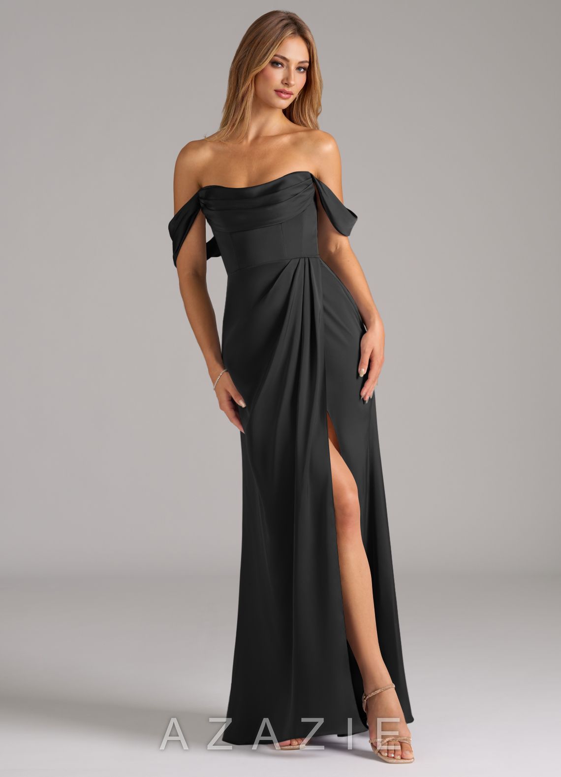 Azazie Johana Black Mermaid Off the Shoulder Stretch Satin Convertible Dress