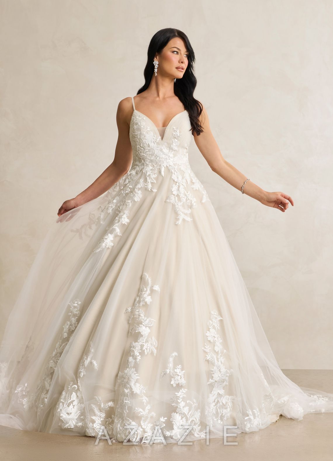 Azazie Rhodes Wedding Dress Diamond White Champagne A-Line V-Neck Sequins Tulle Dress diamond_white/champagne