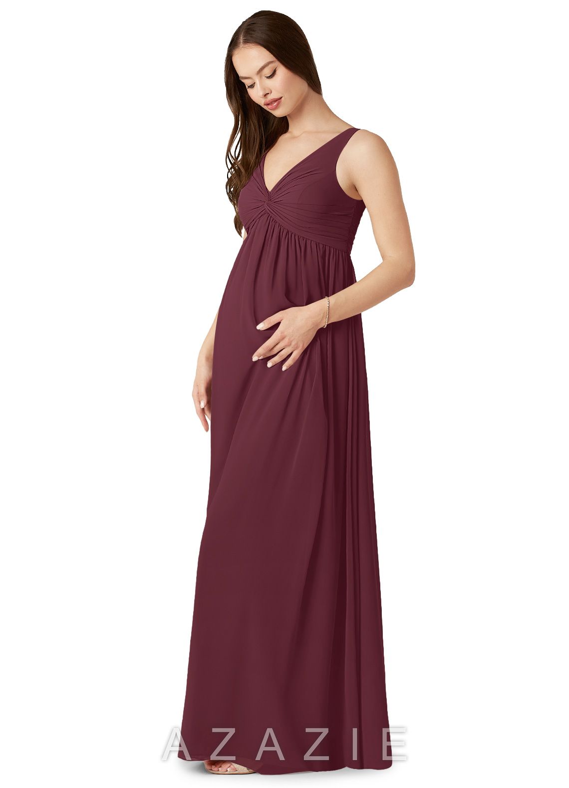 Azazie Yetta A-Line V-Neck Gathered Chiffon Floor-Length Dress
