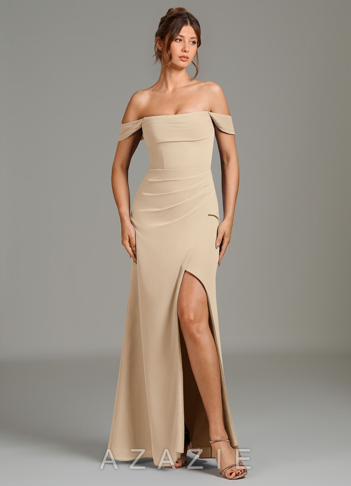 Azazie Jalice Champagne Mermaid Off the Shoulder Chiffon Dress champagne