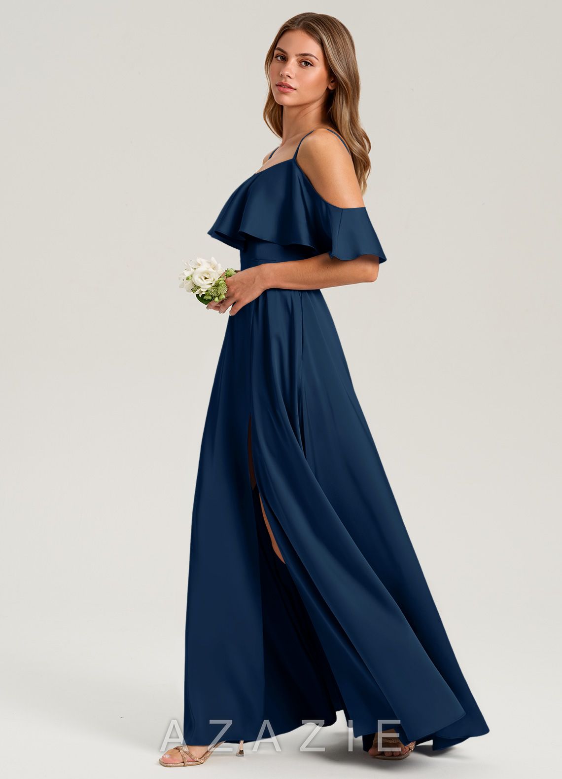 Azazie Jean Dark Navy A-Line Off the Shoulder Stretch Satin Dress dark_navy