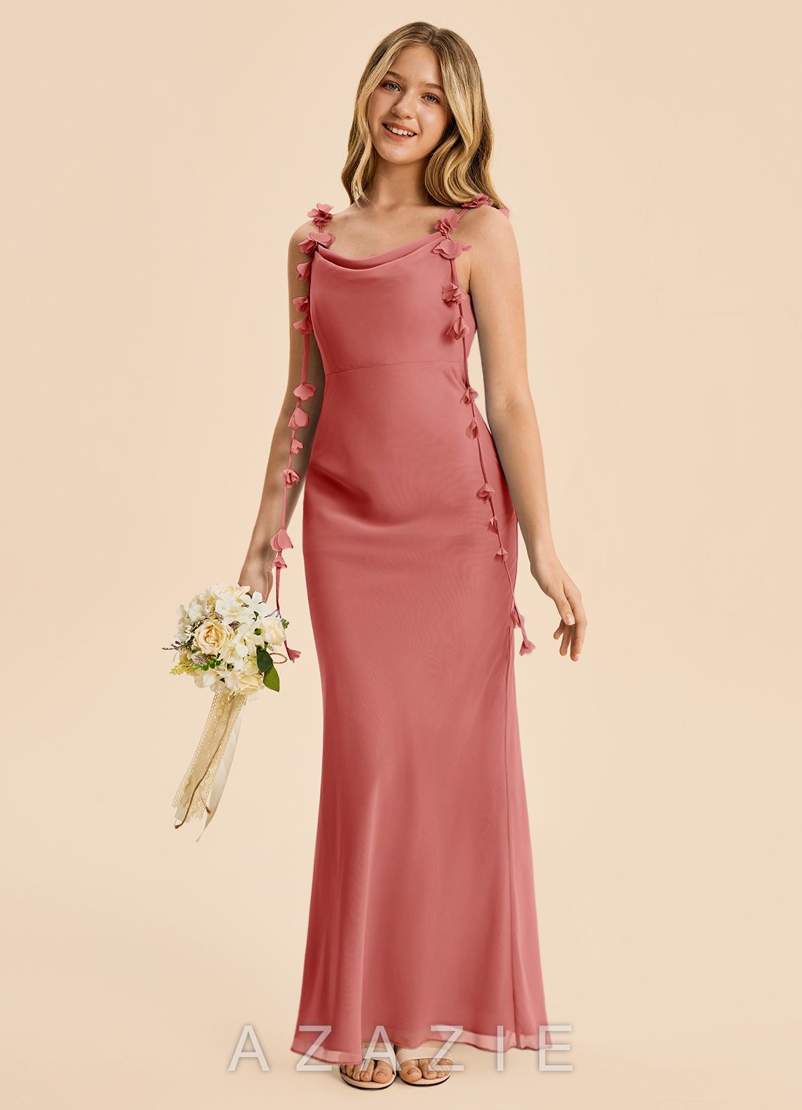Azazie Trinity Junior Antique Rose Mermaid Pleated Chiffon Dress