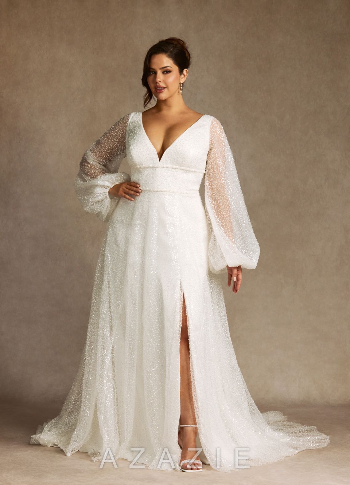 Azazie Gaia Wedding Dress Diamond White A-Line V-Neck Beading Dress diamond_white