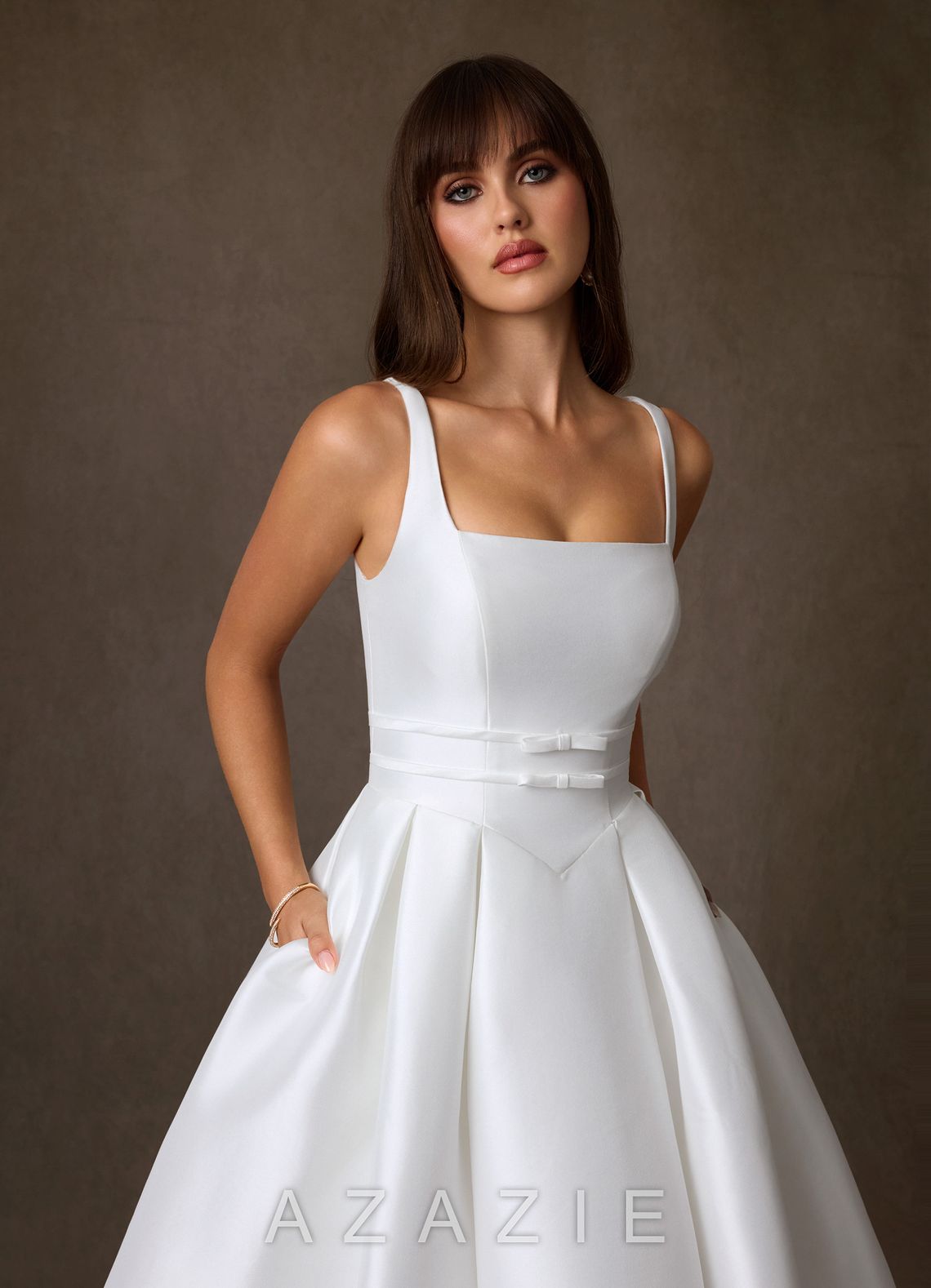 Azazie Cynthia Diamond White Ball-Gown with Pockets Stretch Mikado Dress