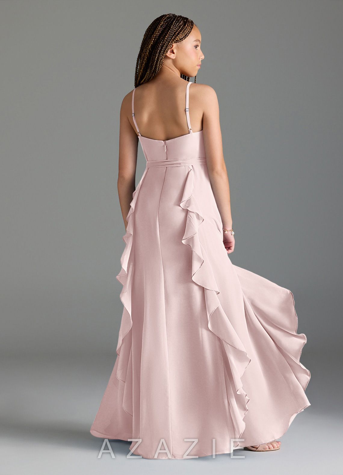 Azazie Peyton Junior Blushing Pink A-Line V-Neck Cascading Ruffles Chiffon Dress blushing_pink
