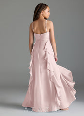 Azazie Peyton Junior Blushing Pink A-Line V-Neck Cascading Ruffles Chiffon Dress blushing_pink