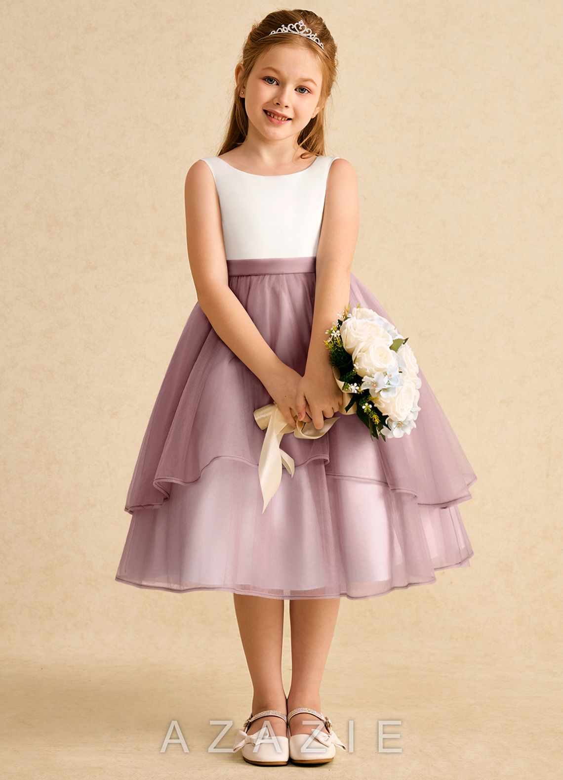 Azazie Rene Ivory Dusty Rose A-Line Bow Tulle Dress ivory/dusty_rose