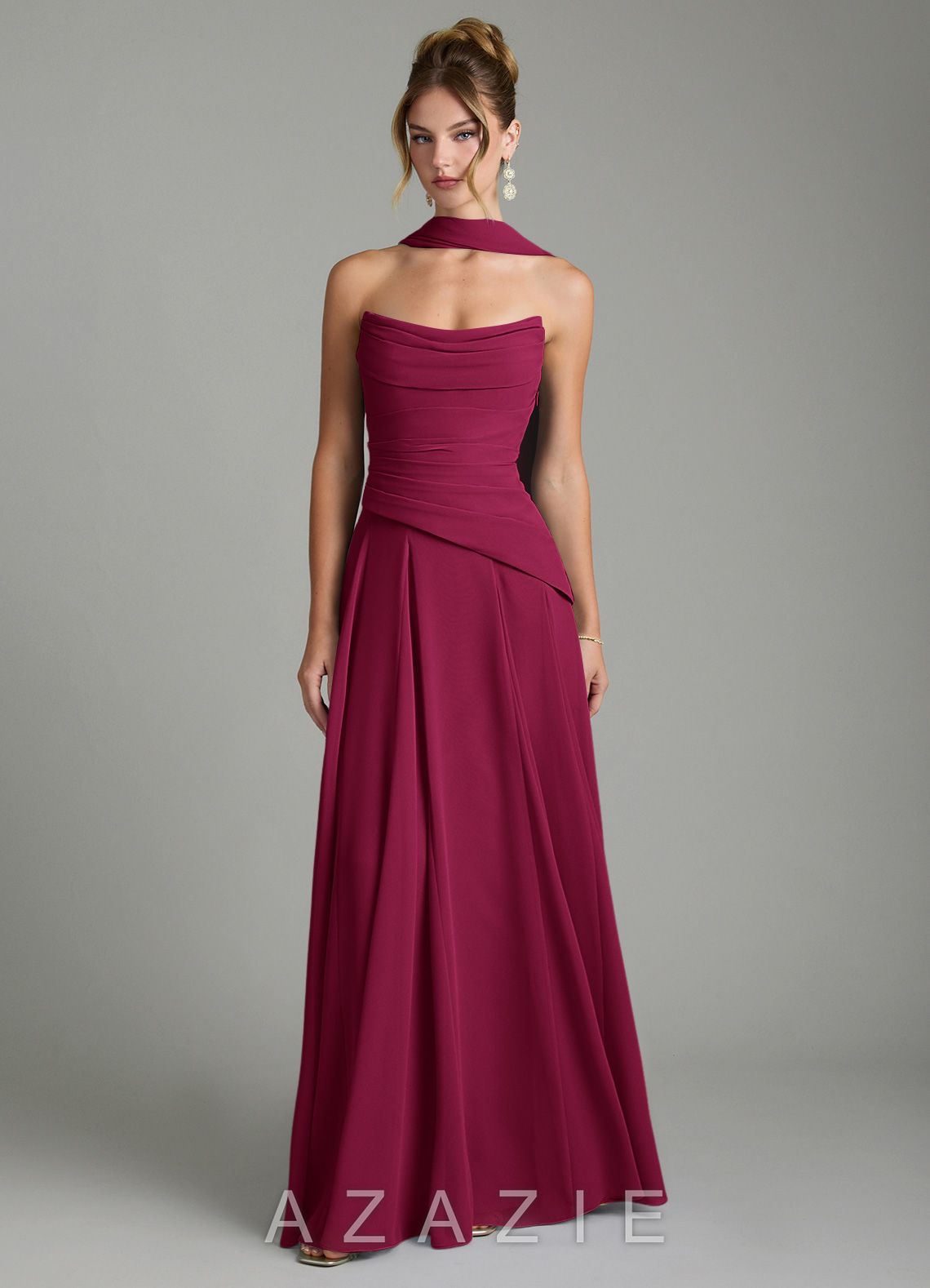 Azazie Gabriela Burgundy A-Line Corset Chiffon Dress
