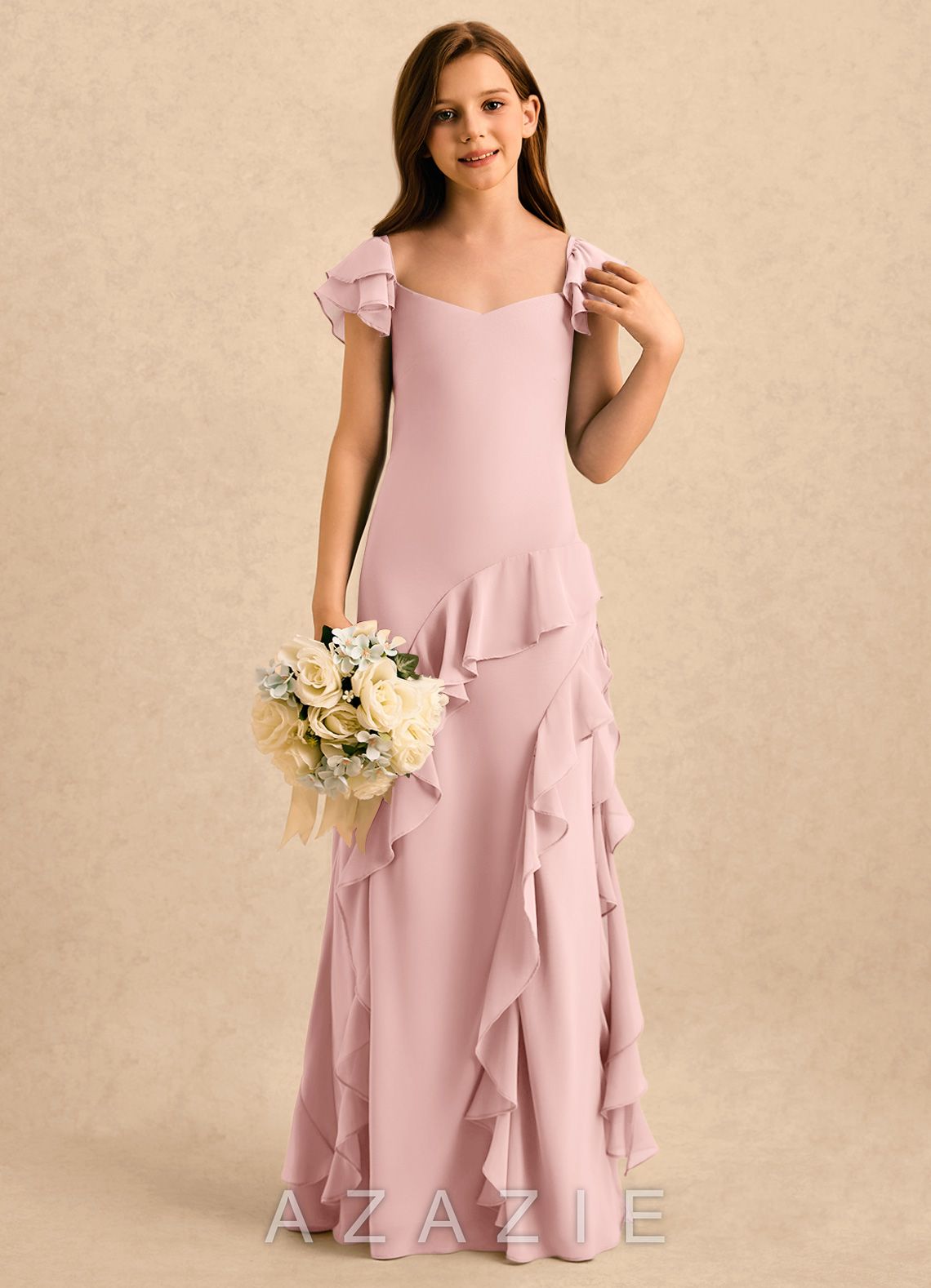 Azazie Ada Girls Formal Powder Pink Sheath Ruched Chiffon Dress powder_pink