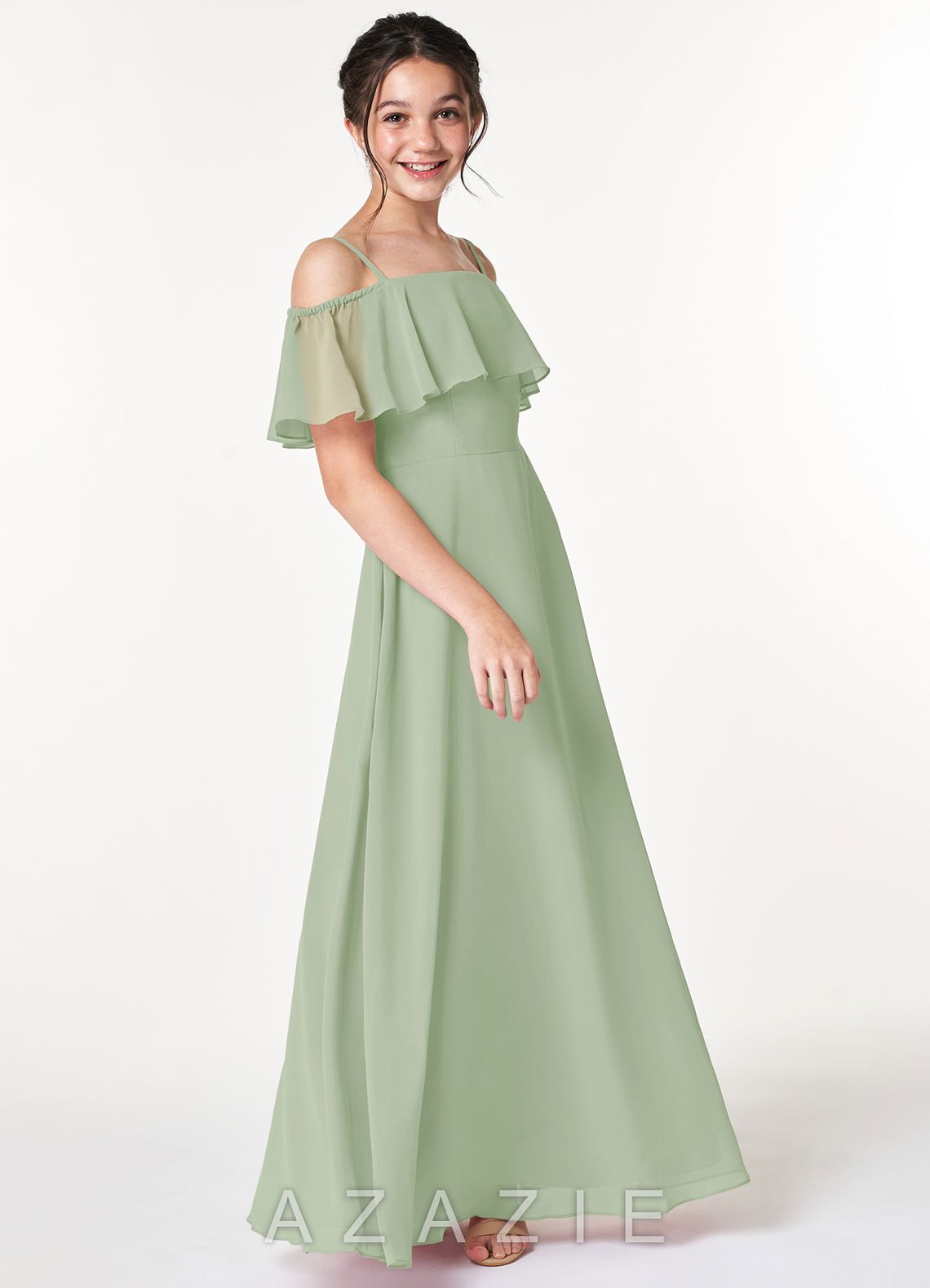Azazie Maggie Junior Dusty Sage A-Line Off the Shoulder Chiffon Dress dusty_sage