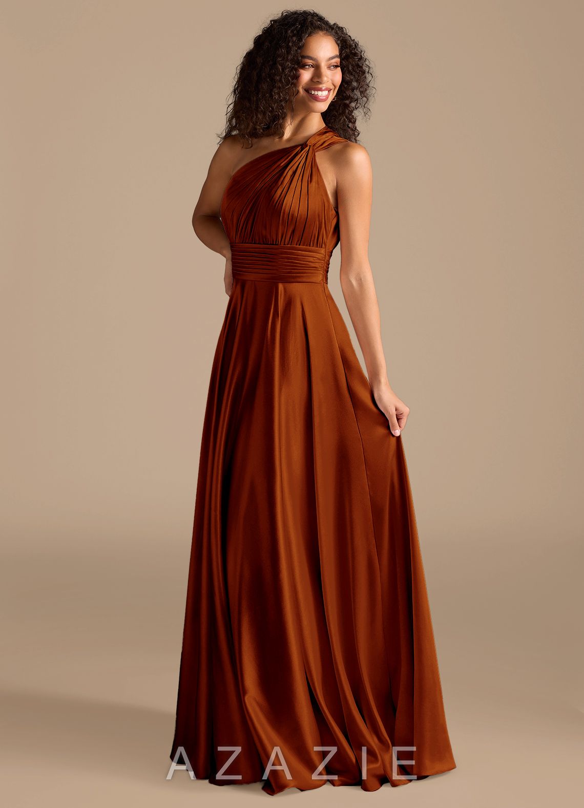 Azazie Charlize Auburn A-Line One Shoulder Metallic Satin Dress auburn