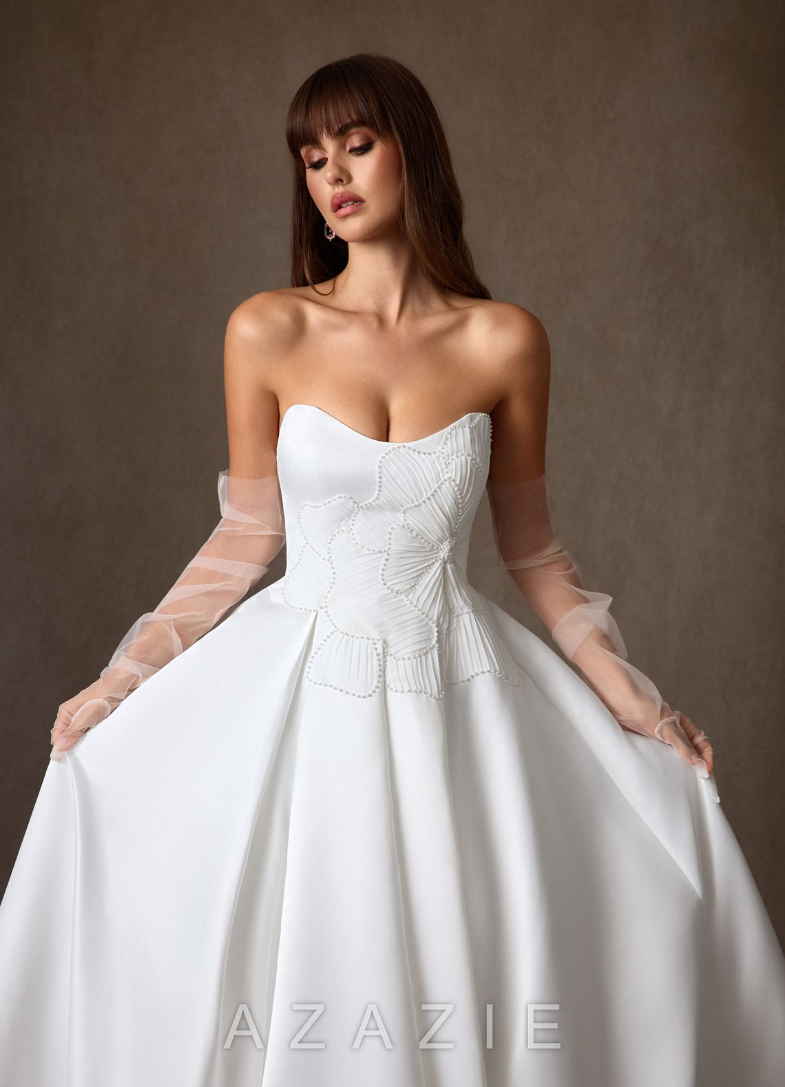 Azazie Harper Diamond White Ball-Gown Strapless Satin Dress