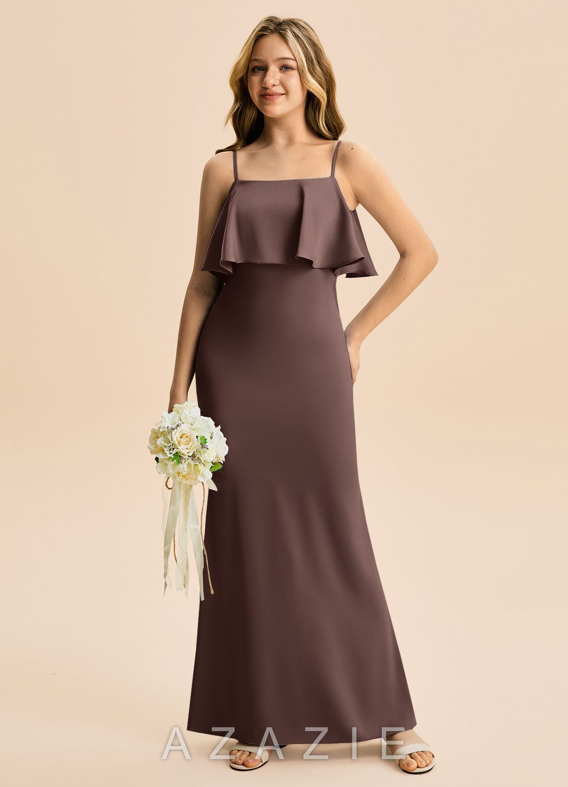 Azazie Galene Junior Ganache Mermaid Stretch Satin Dress ganache