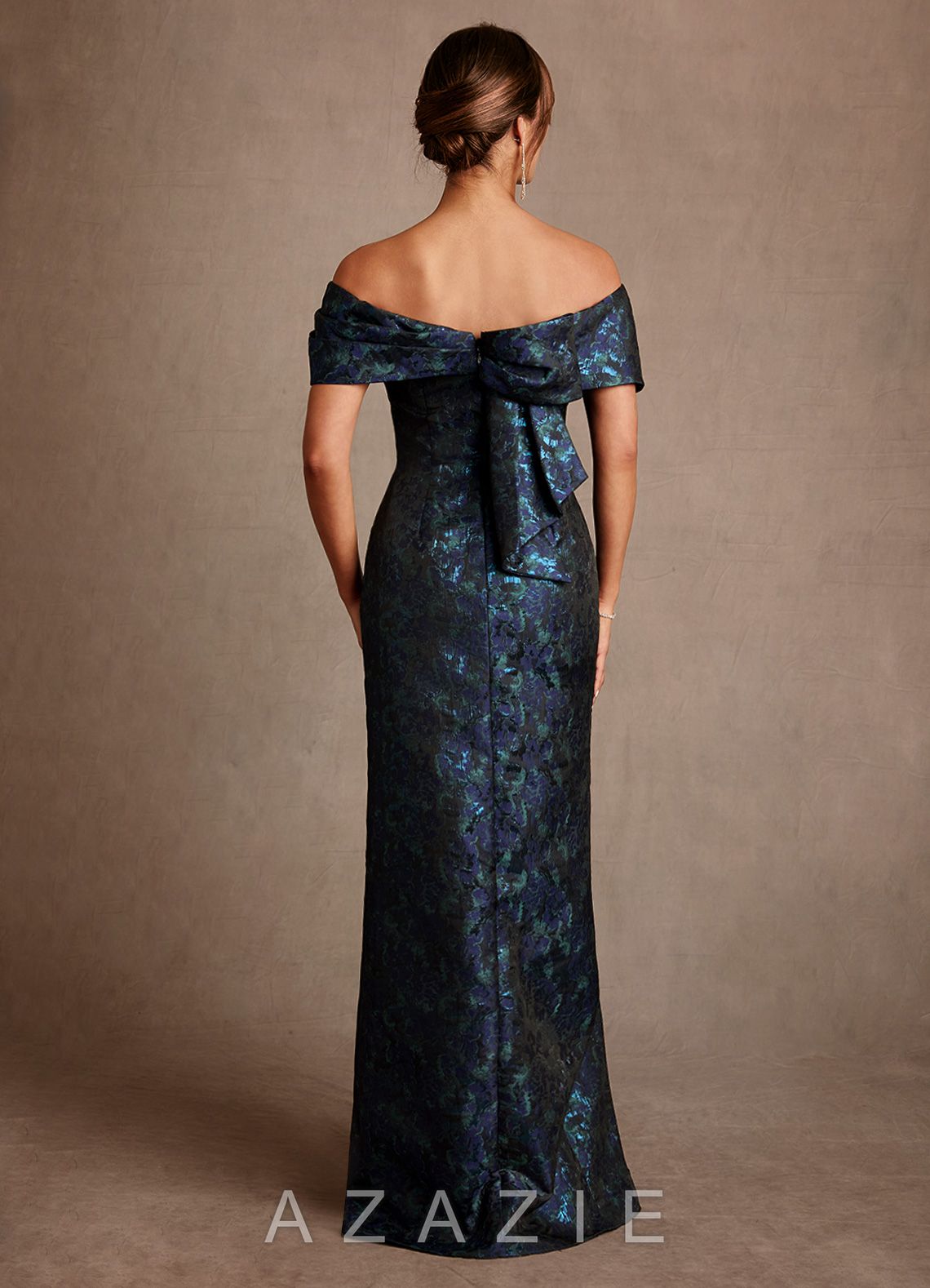 Azazie Zion Dark Navy Sheath Off the Shoulder Floral Jacquard Dress dark_navy