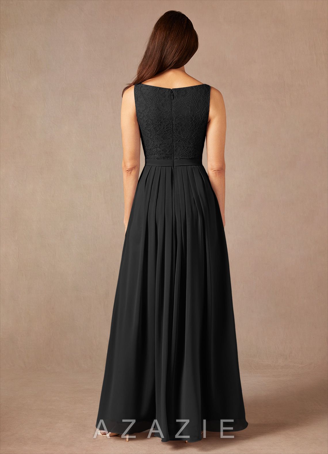 Azazie Ainsling Black A-Line Square Neckline Lace Chiffon Dress black