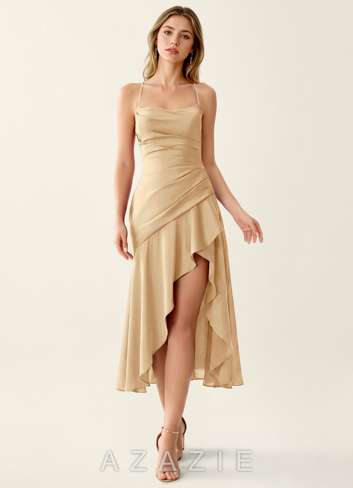 Heloise Champagne Satin Lace Up Back Summer Midi Dress