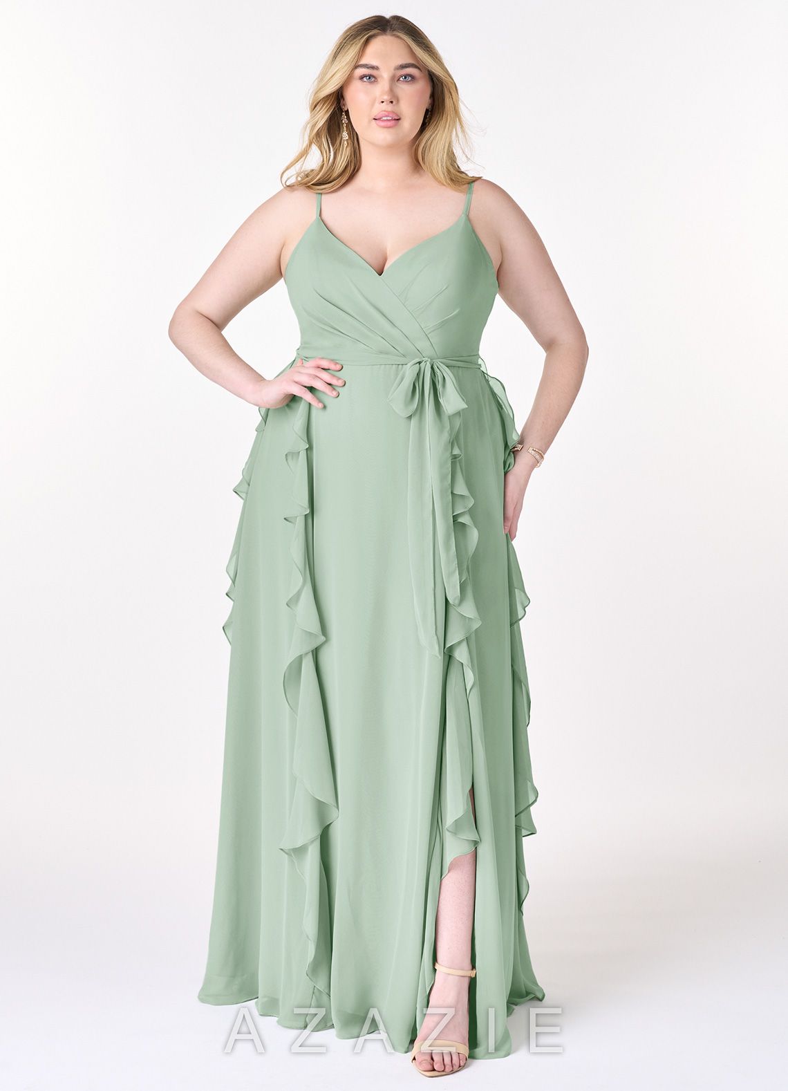 Azazie Peyton Agave A-Line Ruched Chiffon Dress agave