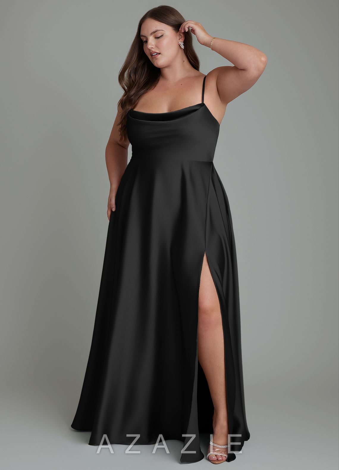 Azazie Elle Black A-Line Pleated Stretch Satin Dress black