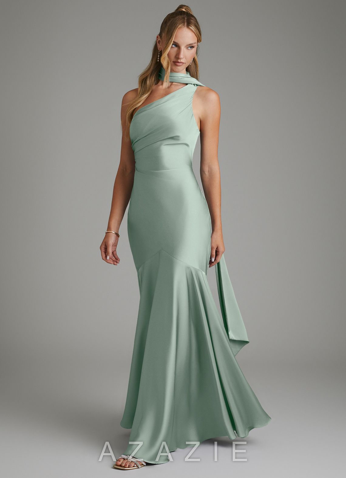 Azazie Amara Agave Mermaid One Shoulder Stretch Satin Dress agave