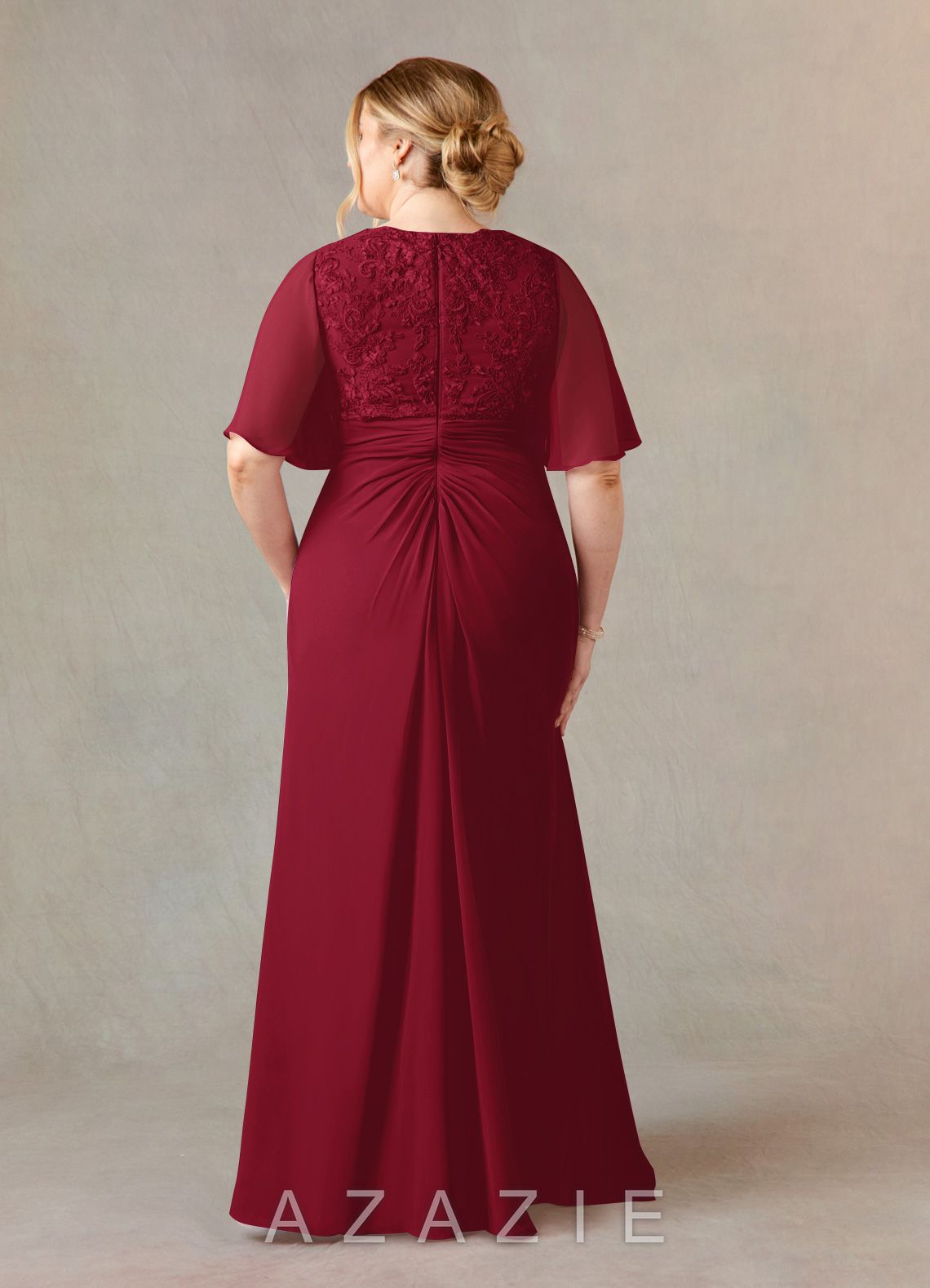 Azazie Carson Burgundy A-Line V-Neck Lace Chiffon Dress burgundy