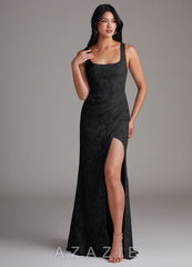 Azazie Mero Black Sheath Pleated Floral Burnout Dress