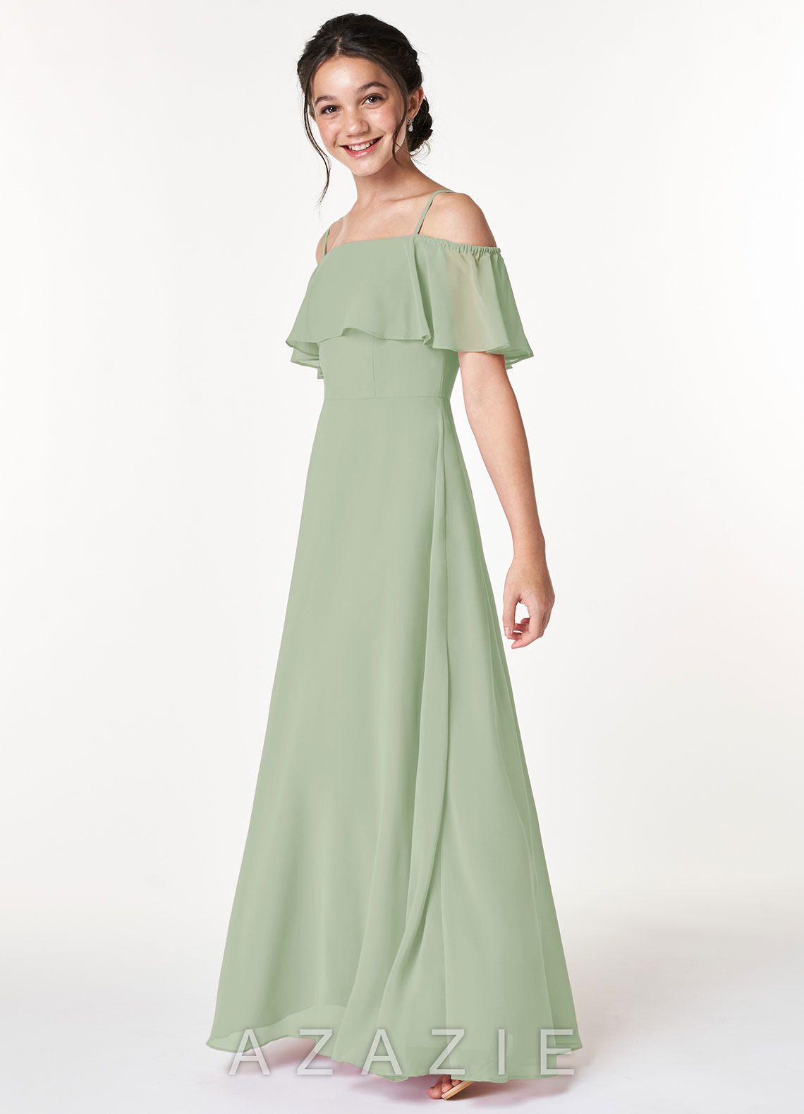 Azazie Maggie Junior Dusty Sage A-Line Off the Shoulder Chiffon Dress dusty_sage