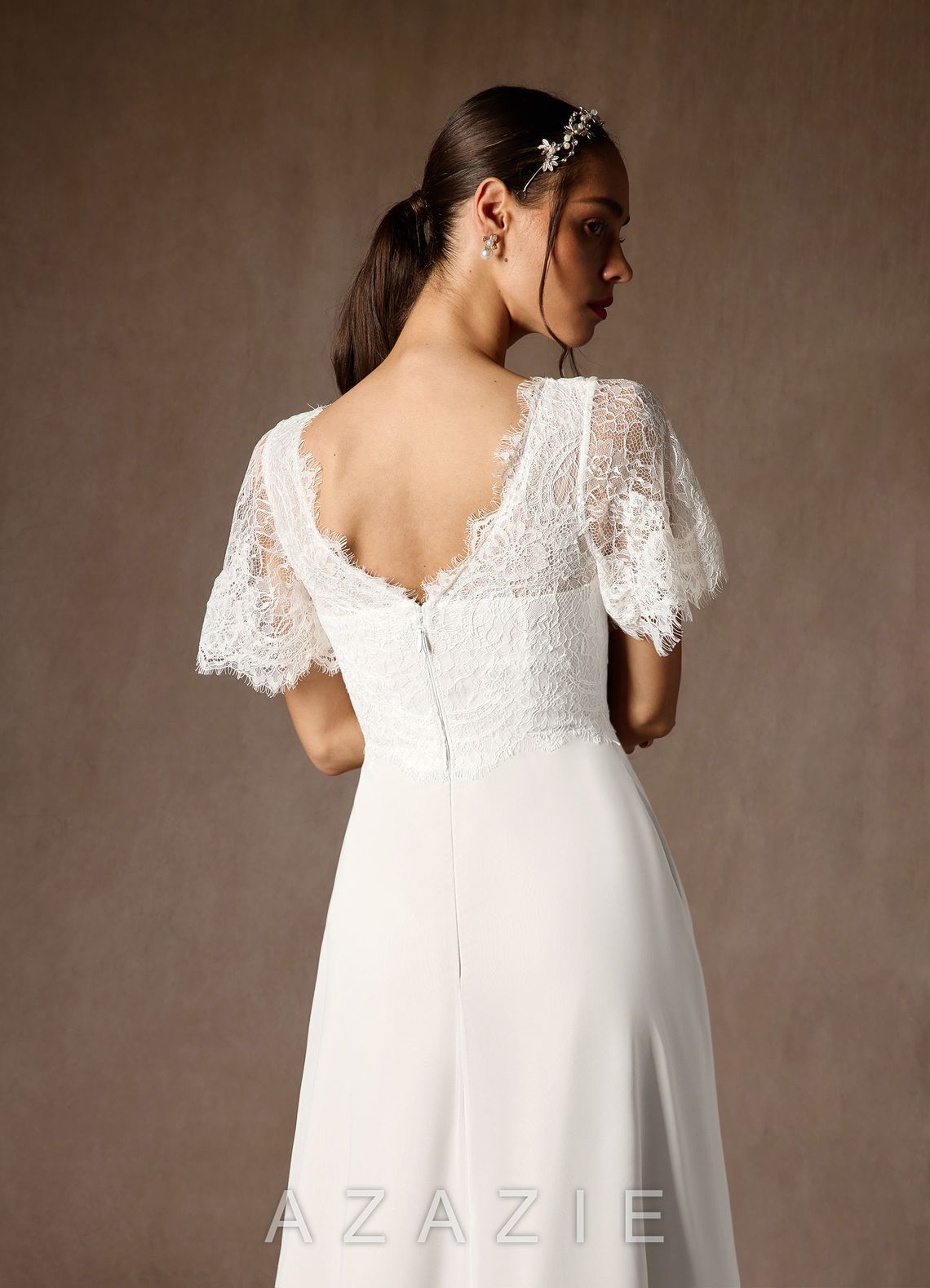 Azazie Veradis Wedding Dress Diamond White A-Line V-Neck lace Chiffon Dress diamond_white