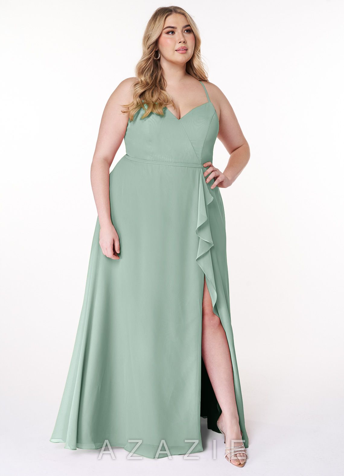 Azazie Naeem Agave A-Line V-Neck Ruffle Chiffon Dress agave
