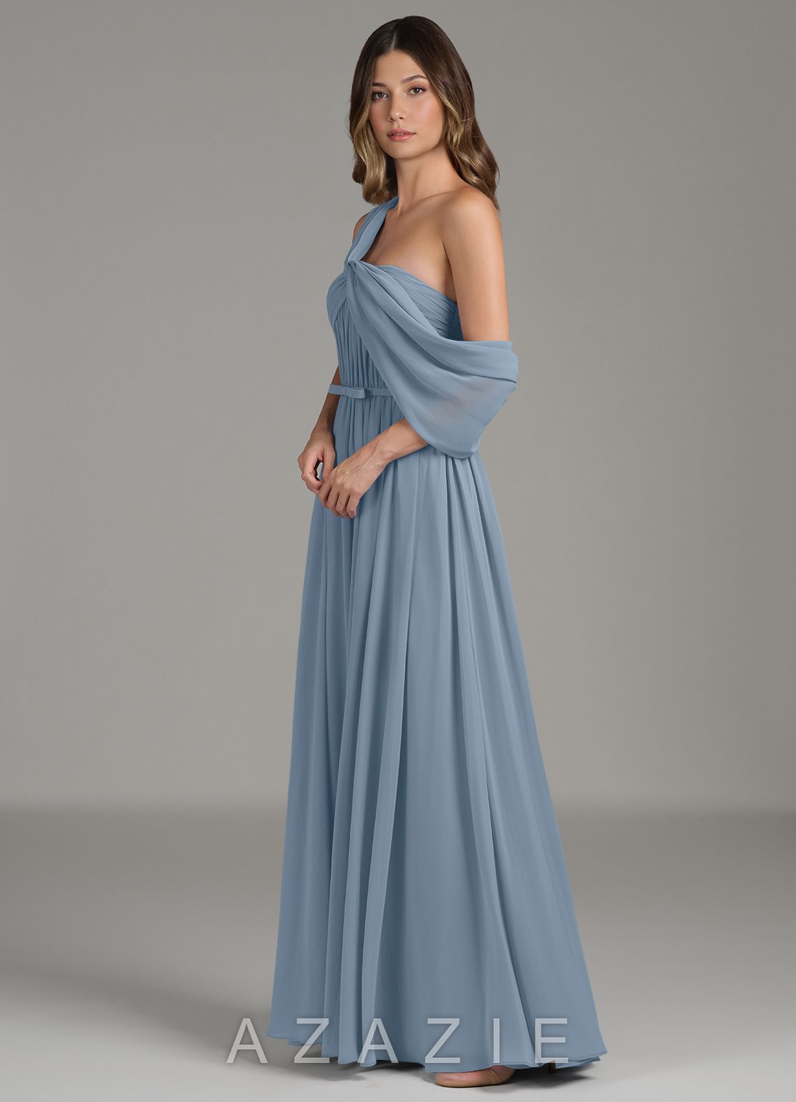 Azazie Nyah Dusty Blue A-Line Off the Shoulder Chiffon Dress dusty_blue