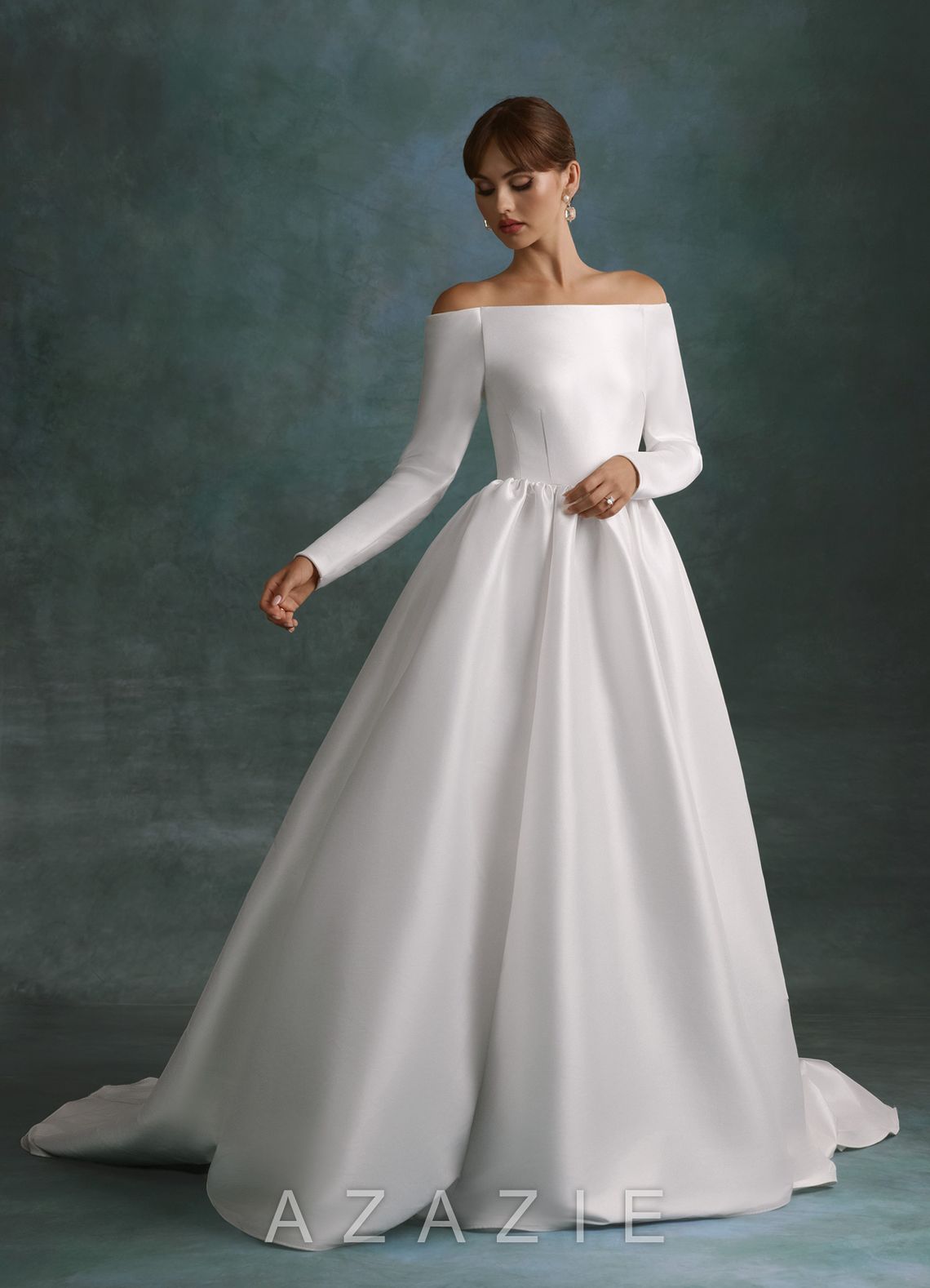 Azazie Cerese Diamond White Ball-Gown Off the Shoulder Mikado Dress diamond_white