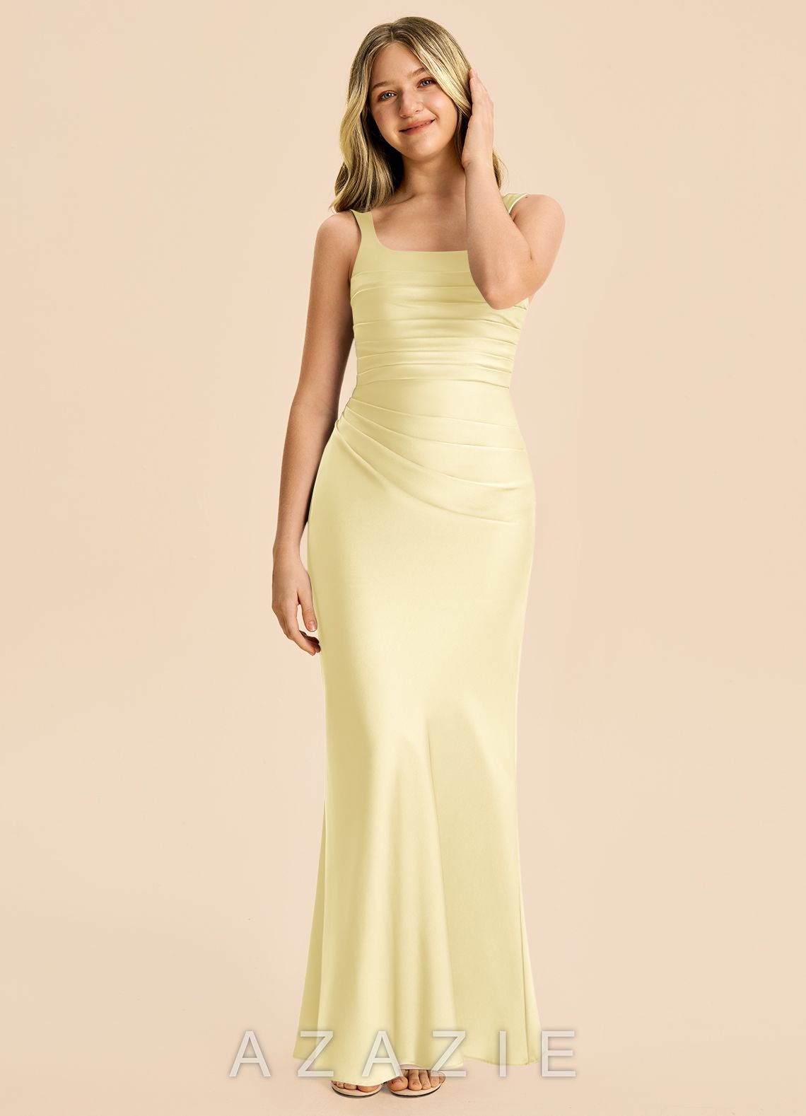 Azazie Agustina Junior Lemon Sorbet Sheath Pleated Stretch Satin Dress lemon_sorbet