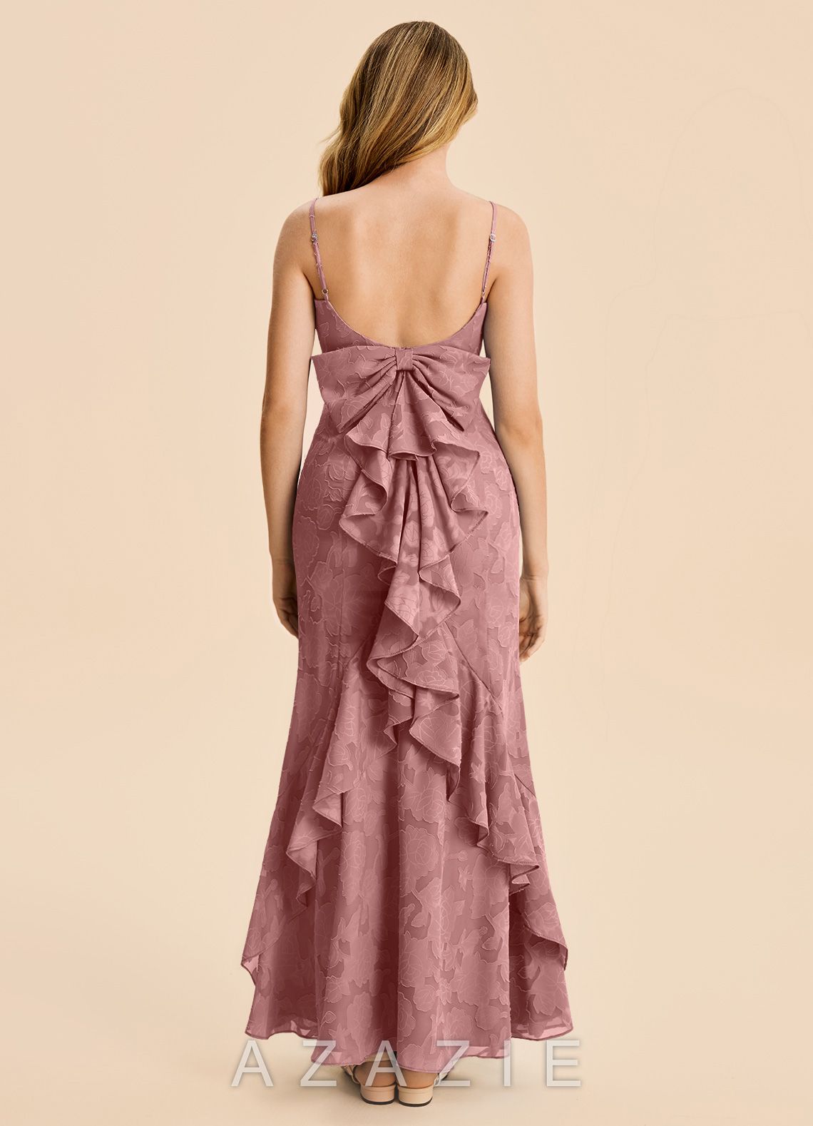 Azazie Lioren Junior Dusty Rose Mermaid Ruched Floral Burnout Dress dusty_rose